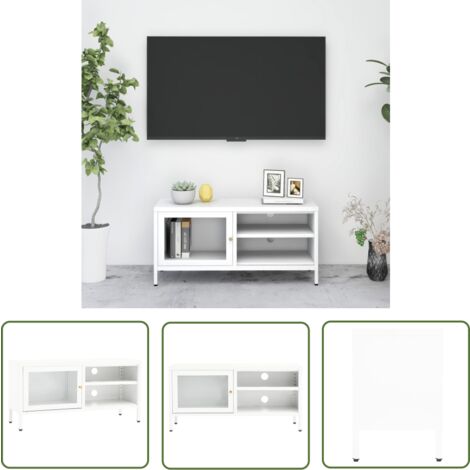 The Living Store TV-Schrank Weiß 90x30x44 cm Stahl und Glas - Fernsehschränkchen - TV-Stand - Weißes Möbelstück - Wohnzimmerschrank - Aufbewahrungsschrank