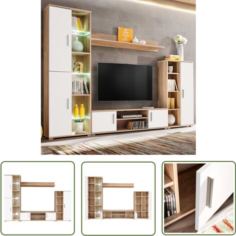 The Living Store TV-Wohnwand mit LED-Leuchten Sonoma Eiche und Weiß - TV-Wand - Fernsehschrank - Wohnwand - Sideboard - Aufbewahrung