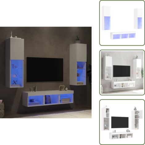 The Living Store Unités murales TV avec LED 5 pcs blanc bois d'ingénierie - Meuble Tv Mural - Étagère Murale - Rangement Tv - Éclairage Led Rgb - Meuble Suspendu