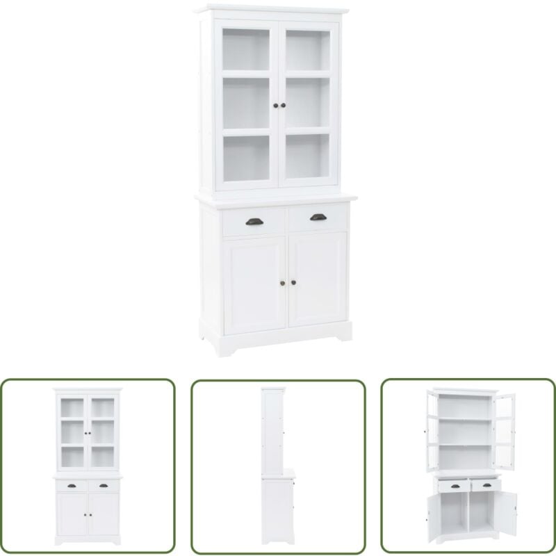 The Living Store - Vaisselier avec 4 portes mdf et Bois de pin 80x40x180 cm - Buffet Blanc - Meuble De Rangement - Vaisselier - Armoire - Étagère