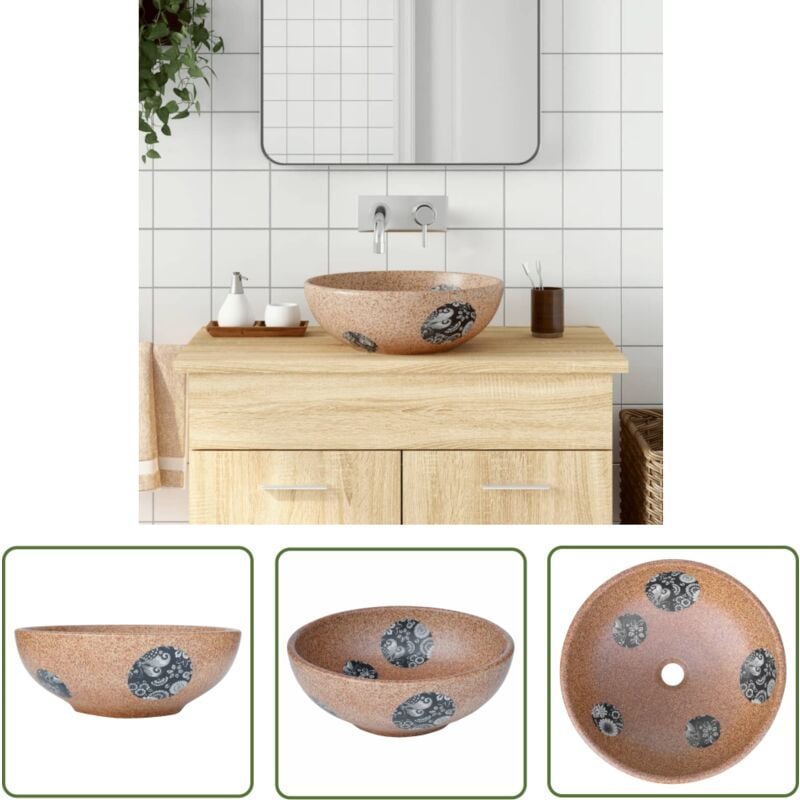 Vasque à poser marron et bleu rond Φ41x14 cm céramique - Lavabo Suspendu - Lavabo Céramique - Évier Salle De Bain - Meuble Salle De Bain - Décoration