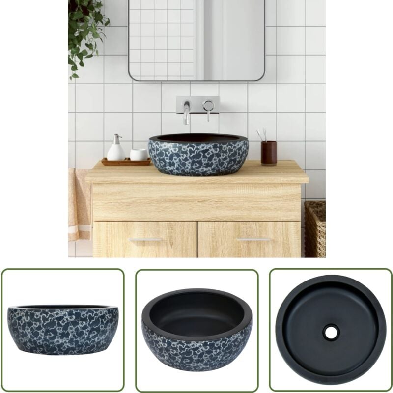 Vasque à poser noir et bleu rond Φ41x14 cm céramique - Lavabo - Évier Salle De Bain - Meuble De Salle De Bain - Décoration Salle De Bain - Lavabo