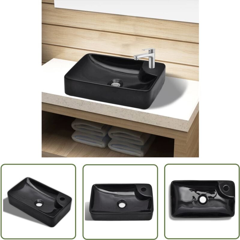Vasque à trou pour robinet céramique Noir pour salle de bain - Lavabo Céramique - Lavabo Noir - Lavabo Salle De Bain - Meuble Salle De Bain - Évier