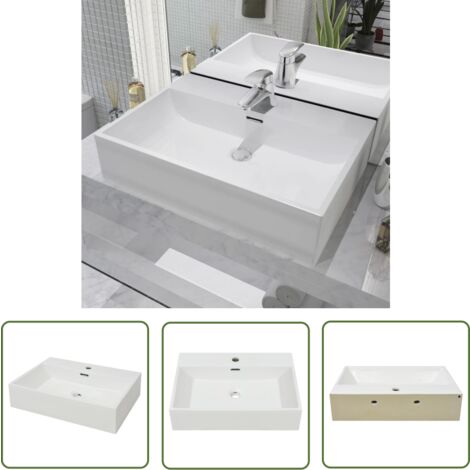 The Living Store Vasque avec trou de robinet en céramique Blanc 60,5x42,5x14,5cm - Lavabo Céramique - Lavabo Salle De Bain - Lavabo Blanc - Meuble Salle De Bain - Évier Suspendu