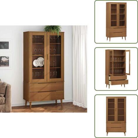 The Living Store Vetrina MOLDE Marrone 90x35x175 cm in Legno Massello di Pino - Vetrina in pino