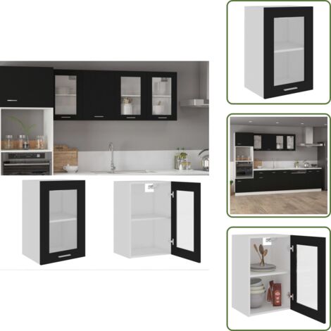The Living Store Vitrina colgante de madera maciza "Lyon", color negro, 40 x 31 x 60 cm - Armario de almacenamiento cocina
