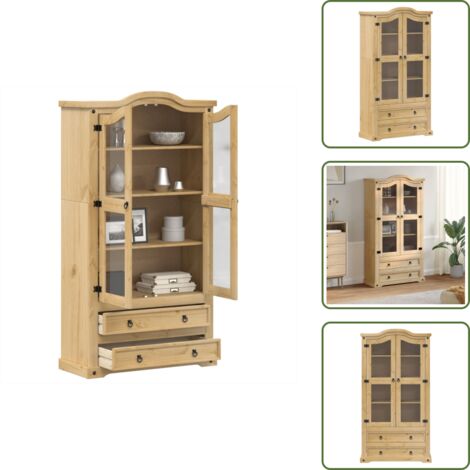 The Living Store Vitrine en verre Corona 99x43x187 cm bois massif de pin - Buffet Rustique - Meuble De Rangement - Vitrine En Bois - Vitrine Display - Armoire Vintage