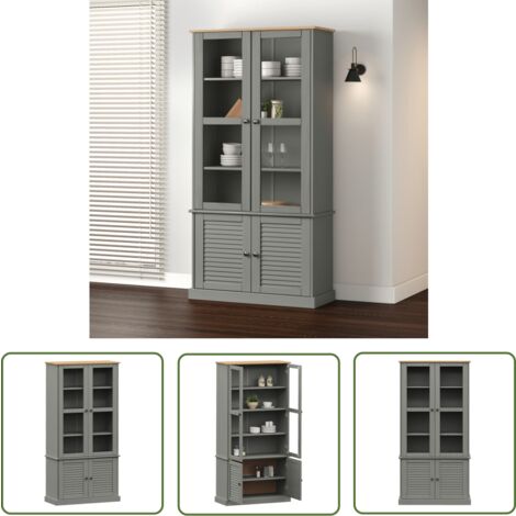 The Living Store Vitrine VIGO Grau 85x35x170 cm Massivholz Kiefer - Holzvitrine - Vitrine Grau - Regal Aus Kiefernholz - Sideboard - Wohnraumgestaltung