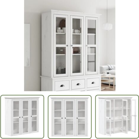 The Living Store Vitrinenschrank mit Glastüren BODO Weiß Massivholz Kiefer - Schreibtisch - Wohnzimmer - Sideboard - Vitrine - Regal