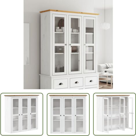 The Living Store Vitrinenschrank mit Glastüren BODO Weiß und Braun Kiefernholz - Schreibtisch - Wohnzimmermöbel - Sideboard - Küchenschrank - Regal