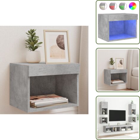 The Living Store Wand-Nachttisch mit LED-Leuchten Betongrau - TV-Sideboard - Nachtkästchen - Holz Sideboard - Wohnraum Möbel - Regal