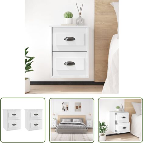 The Living Store Wand-Nachttische 2 Stk. Hochglanz-Weiß 41,5x36x53 cm - Wand-Nachttisch - Holzwerkstoff Möbel - Weißer Nachttisch - Wohnzimmer Dekoration - Schrank Mit Schubladen