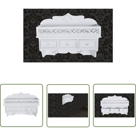 The Living Store Wandgarderobe mit 3 Schubladen 2 Kleiderhaken - Wandregal - Garderobe - Schuhschrank - Weiße Möbel - Regal Mit Schubladen