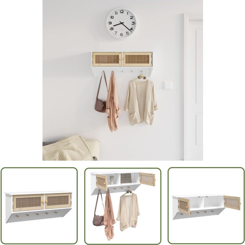 The Living Store - Porte-manteau mural Blanc Bois d'ingénierie et rotin naturel - Porte Manteau Mural - Meuble Rangement - Étagère Murale
