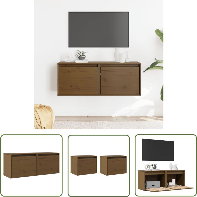The Living Store - Armoires murales 2pcs Marron miel 45x30x35cm Bois de pin massif - Étagères Murales - Bibliothèque Murale - Rangement Mural