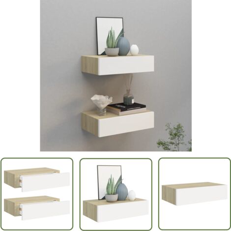 The Living Store Wandregale mit Schubladen 2 Stk. Eichen-Optik Weiß 40x23,5x10cm - Wand Regal - Regal Mit Schublade - Holz Regal - Eichene Optik - Wohnzimmer Möbel