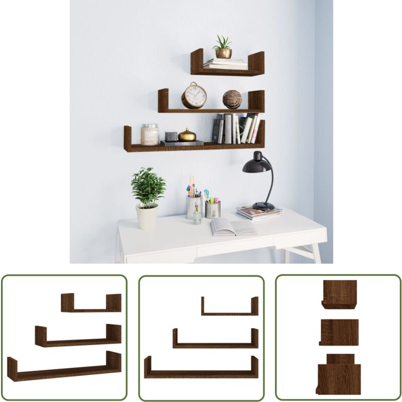The Living Store - tagères murales d'affichage 3 pcs Chêne marron Bois ingénierie - Etagere Murale - Etageres Murales - Étagère Flottante - Étagère