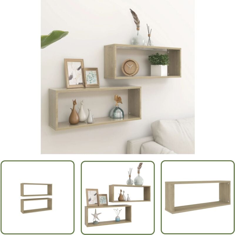 The Living Store - tagères murales cube 2 pcs Chêne sonoma Bois d'ingénierie - Etagere Murale - Rangement Mural - Etageres Cubes - Meuble Deco