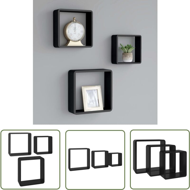 The Living Store - tagères murales sous forme de cube 3 pcs Noir mdf - Etagere Murale - Étagères Cubes - Rangement Mural - Décoration Murale - Meuble