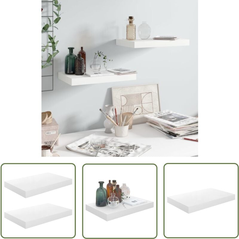 The Living Store Étagère murale flottante 2 pcs Blanc brillant 40x23x3,8 cm MDF - Étagère Murale - Étagère Flottante - Décoration Murale - Rangement