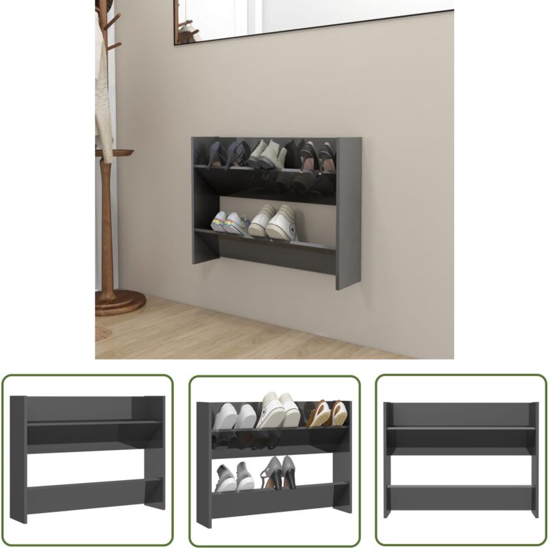 The Living Store - Armoire à chaussures murale gris brillant bois d'ingénierie - Armoire à Chaussures Murale - Rangement Chaussures - Meuble