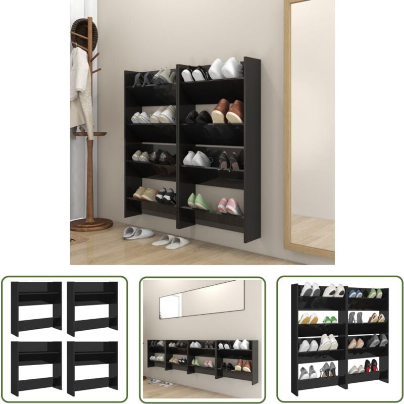 Armoires à chaussures murales 4 pcs noir brillant 60x18x60 cm - Armoire à Chaussures Murale - Rangement Chaussures - Meuble Chaussure - Organiseur