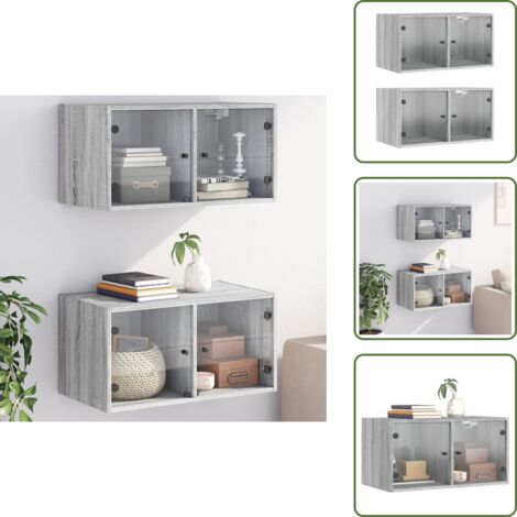The Living Store Wandschränke mit Glastüren 2 Stk. Grau Sonoma 68,5x37x35 cm - Hängeschränke - Aufbewahrungsregale - Wohnzimmermöbel - Garderobenspiegel - Wohnwand