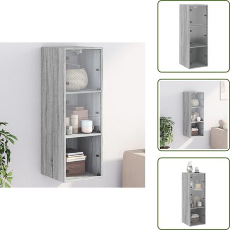 The Living Store Wandschrank mit Glastüren Grau Sonoma 35x37x100 cm - Aufbewahrungsraum - Wohnzimmermöbel - Garderobe - Regal - Wandregal