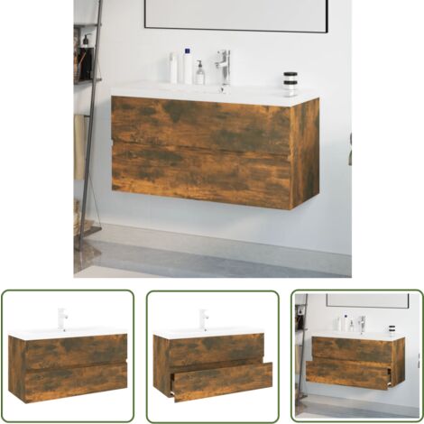 The Living Store Waschbeckenschrank mit Einbaubecken Räuchereiche Holzwerkstoff - Badezimmermöbel - Waschtisch - Waschbeckenunterschrank - Möbel - Holzmöbel