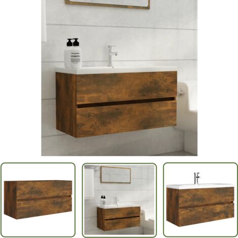 The Living Store Waschbeckenschrank Räuchereiche 90x38,5x45 cm Holzwerkstoff - Waschbeckenunterschrank - Badezimmermöbel - Holzwerkstoffschrank - Schrank - Spiegelschrank