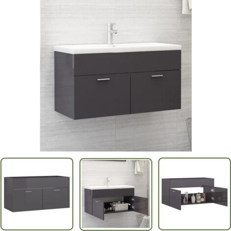 The Living Store Waschbeckenunterschrank Hochglanz-Grau 90x38,5x46cm - Waschtischschrank - Badezimmermöbel - Holzwerkstoffschrank - Grau - Spiegelschrank