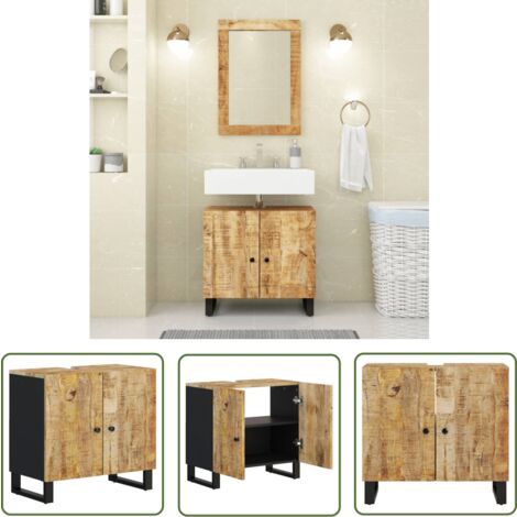 The Living Store Waschbeckenunterschrank Massivholz Mango und Holzwerkstoff - Badezimmermöbel - Holzschränkchen - Waschbeckenunterschrank - Mangoholzmöbel - Handtuchhalter