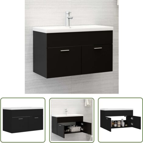 The Living Store Waschbeckenunterschrank mit Einbaubecken Schwarz Holzwerkstoff - Waschbeckenunterschrank - Holzwerkstoff - Schwarzer Unterschrank - Weißes Becken - Badezimmermöbel