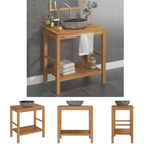 The Living Store Waschtisch Massivholz Teak mit Waschbecken aus Flussstein -  Badezimmerwaschtische