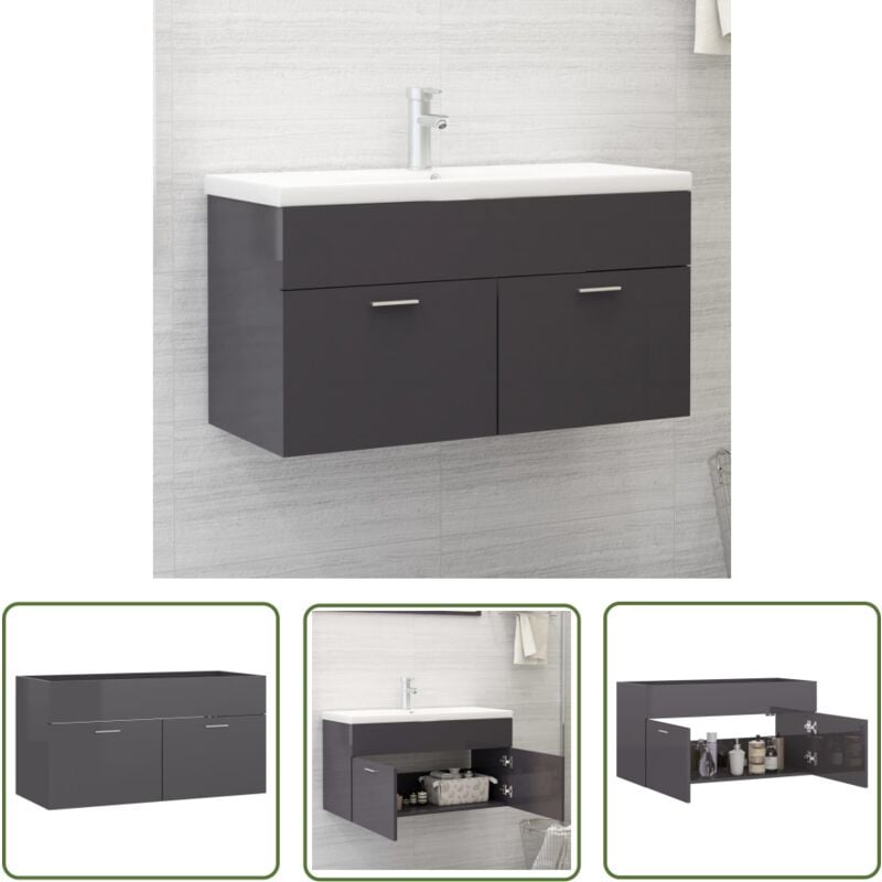 The Living Store - Armoire d'évier Gris brillant 90x38,5x46 cm Bois d'ingénierie - Meuble De Salle De Bain - Armoire Lavabo - Meuble Vasque