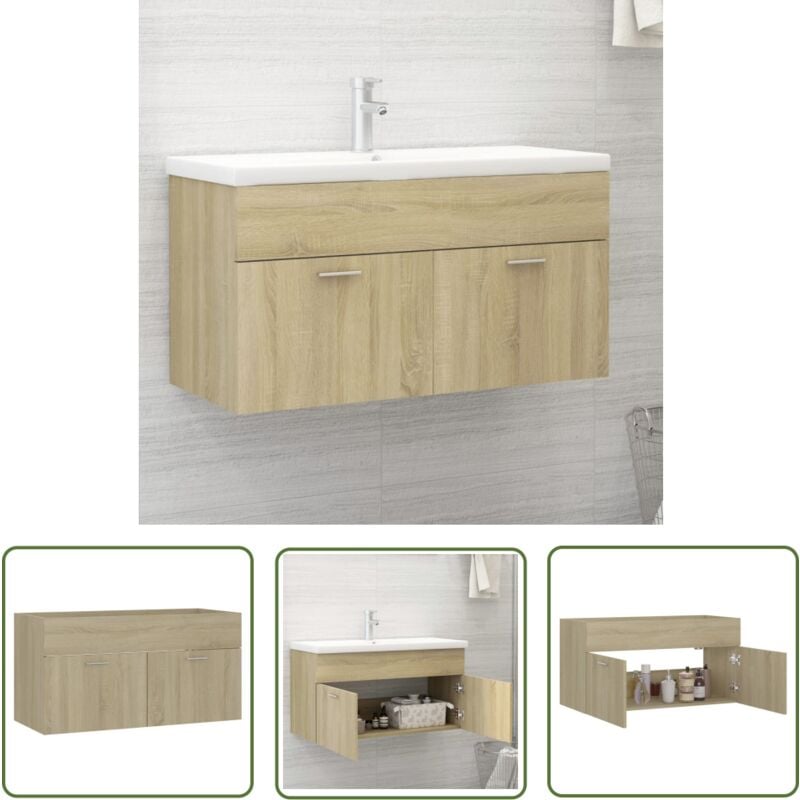 The Living Store - Armoire d'évier Chêne sonoma 90x38,5x46 cm Bois d'ingénierie - Meuble De Salle De Bain - Armoire Lavabo - Meuble Vasque