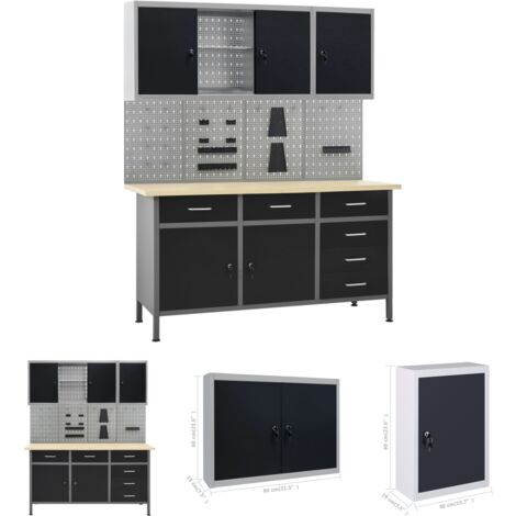 The Living Store Werkbank mit 4 Werkzeugwänden und 2 Wandschränken -  Werkbänke
