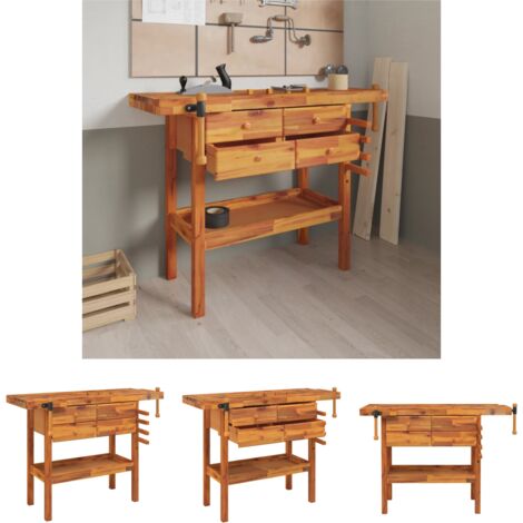 The Living Store Werkbank mit Schubladen Schraubstöcken 124x52x83 cm Akazienholz - Werkbänke