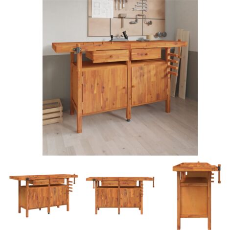 The Living Store Werkbank mit Schubladen Schraubstöcken 162x62x83 cm Akazienholz - Werkbänke
