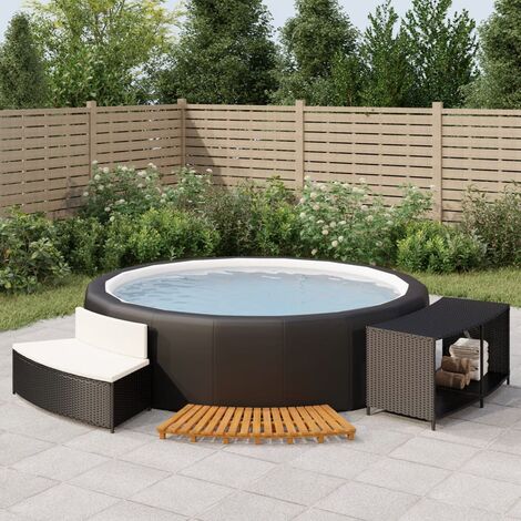 The Living Store - Whirlpool-Umrandung Schwarz Poly-Rattan und Massivholz Akazie