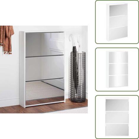 The Living Store Zapatero con espejo de 3 capas blanco brillante 63x17x102,5 cm - Almacenamiento de zapatos