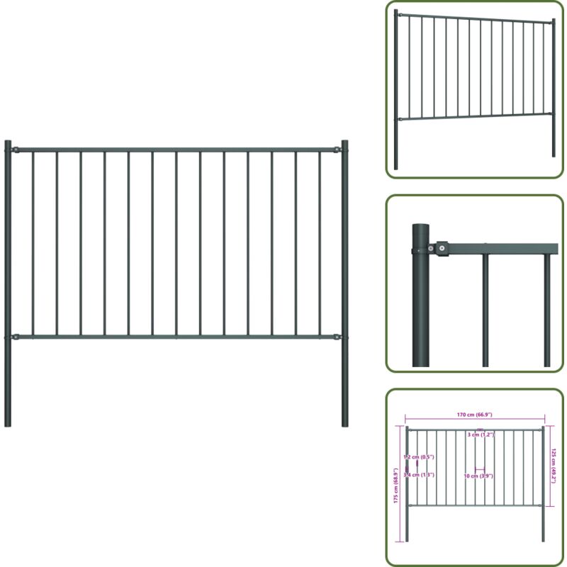 The Living Store - Zaunfeld Mit Pfosten Pulverbeschichteter Stahl 1, 7 X 1, 25 M - Gartenzaun - Stahlezaunt - Anthrazit - Wetterfest - Zaunfeld