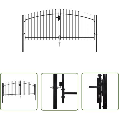 The Living Store Zauntor Doppelflügel mit Speerspitzen Stahl 3 x 1,25 m Schwarz - Gartentor - Doppeltor - Metalltor - Stahltür - Schwarz