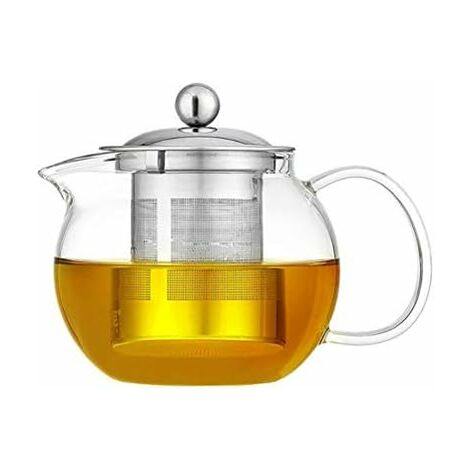 Théière avec passoire à thé et couvercle en acier inoxydable, théière en verre borosilicate adaptée aux poêles, aux feuilles fleuries et en vrac, pichet en verre rond