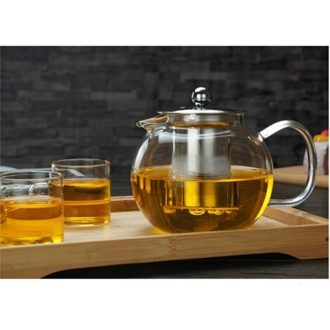 Théière avec passoire à thé et couvercle en acier inoxydable, théière en verre borosilicate adaptée aux poêles, aux feuilles fleuries et en vrac, pichet en verre rond
