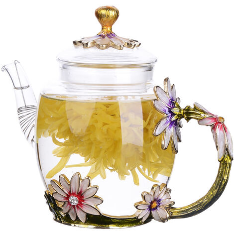 Théière en verre - 280 ml (9,47 oz) - Théière en verre avec fleur de chrysanthème en émail de France/bouilloire en verre résistant à la chaleur avec passoire pour thé en fleurs, thé en vrac