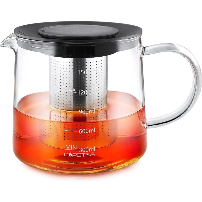 Théière en Verre avec Filtre amovible en Acier Inoxydable,1L/33 OZ,Peut être utilisé pour Plaque Vitrocéramique, Micro-ondes, Lave-vaisselle