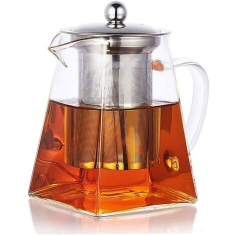 Théière en verre borosilicaté 950 ml, théière à feuilles mobiles avec infuseur, grande théière carrée avec passoire