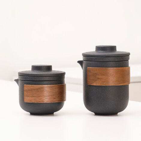 Théière nomade anti-chaleur en céramique, set de voyage avec 2 tasses et filtre, idéal pique-nique et randonnée, couleur noir.