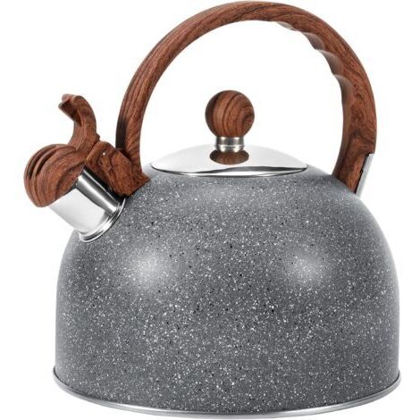 Théière sifflante de 2,5 litres, compatible avec cuisinière, théière en acier inoxydable adaptée à l'eau bouillante, au lait ou au café, théière gris étoilé avec poignée en bois anti-c